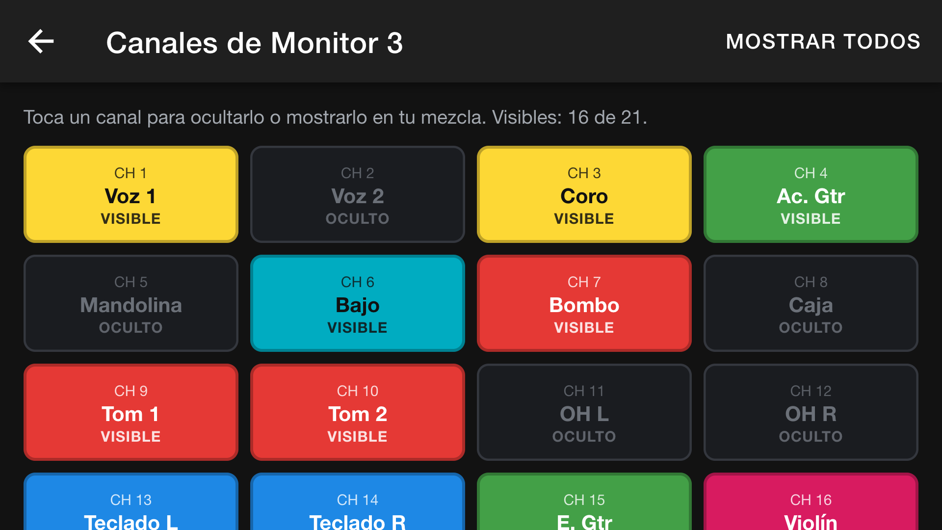 Pantalla para mostrar u ocultar canales